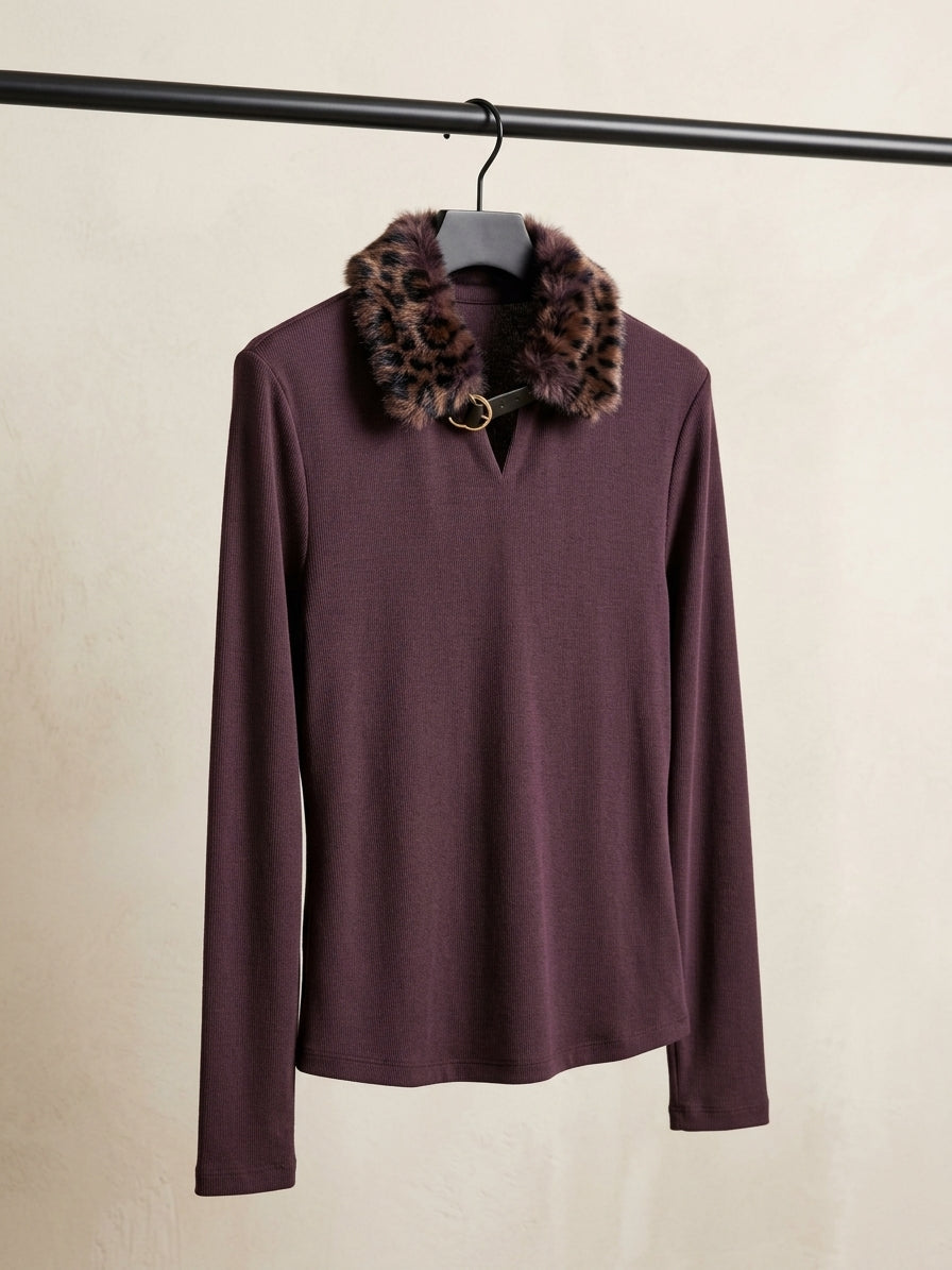 Jersey Fino Marrón Chocolate con Cuello de Pelo Leopardo