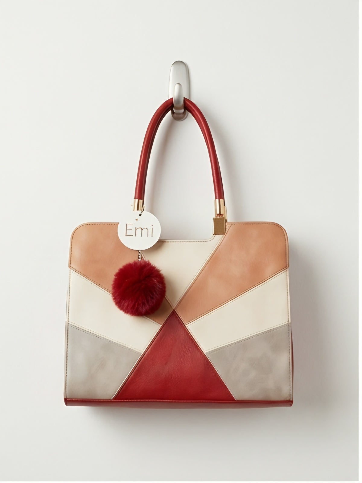 Bolso Patchwork Burdeos y Crema con Pompón