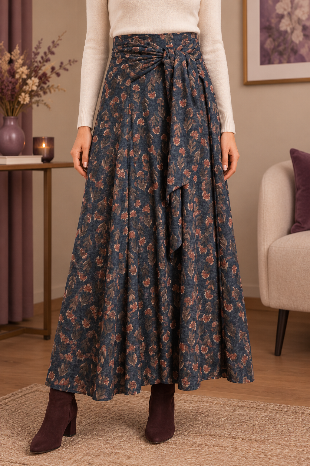 Falda Larga Floral Azul con Lazada