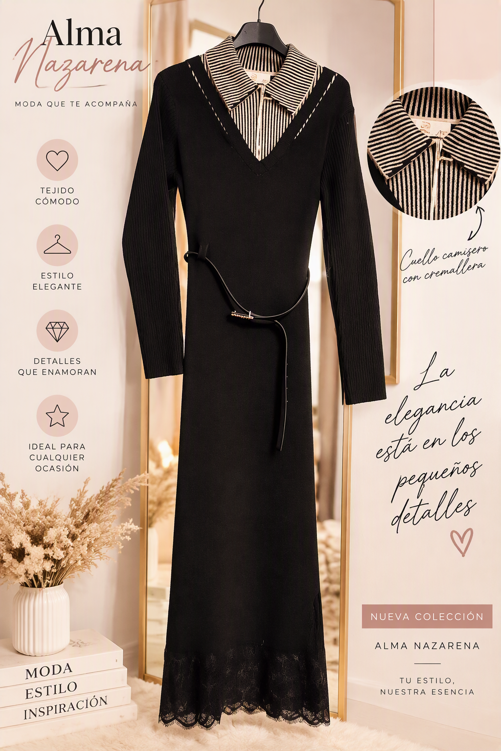 Vestido Largo Negro con Encaje en el Bajo y Cuello Camisero