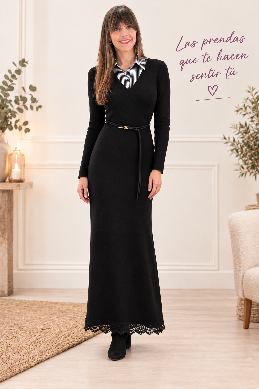 Vestido Largo Negro con Encaje en el Bajo y Cuello Camisero