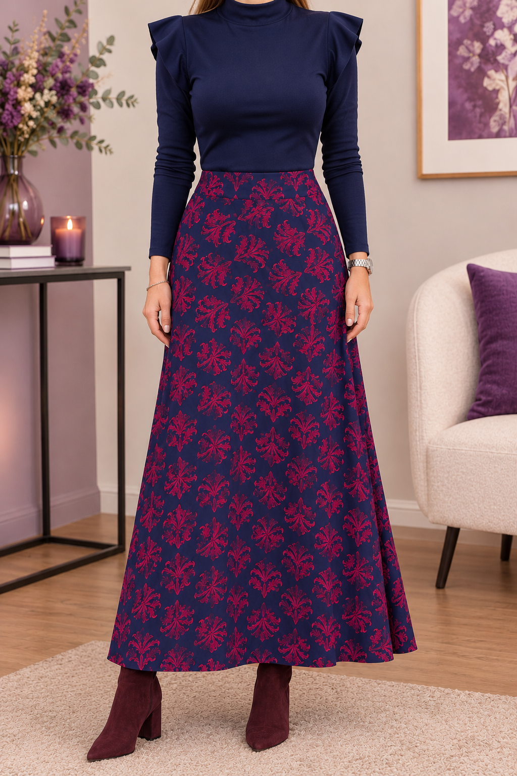 Falda Maxi Estampado Barroco Azul Marino y Magenta