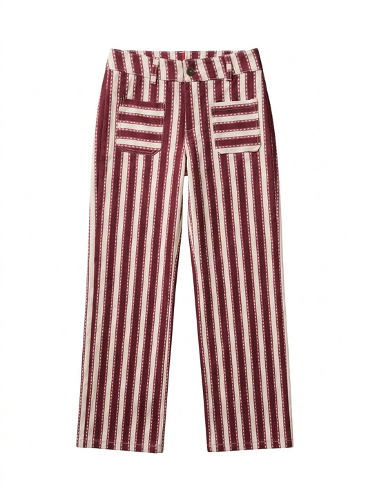 Pantalón Recto Rayas Burdeos y Rosa